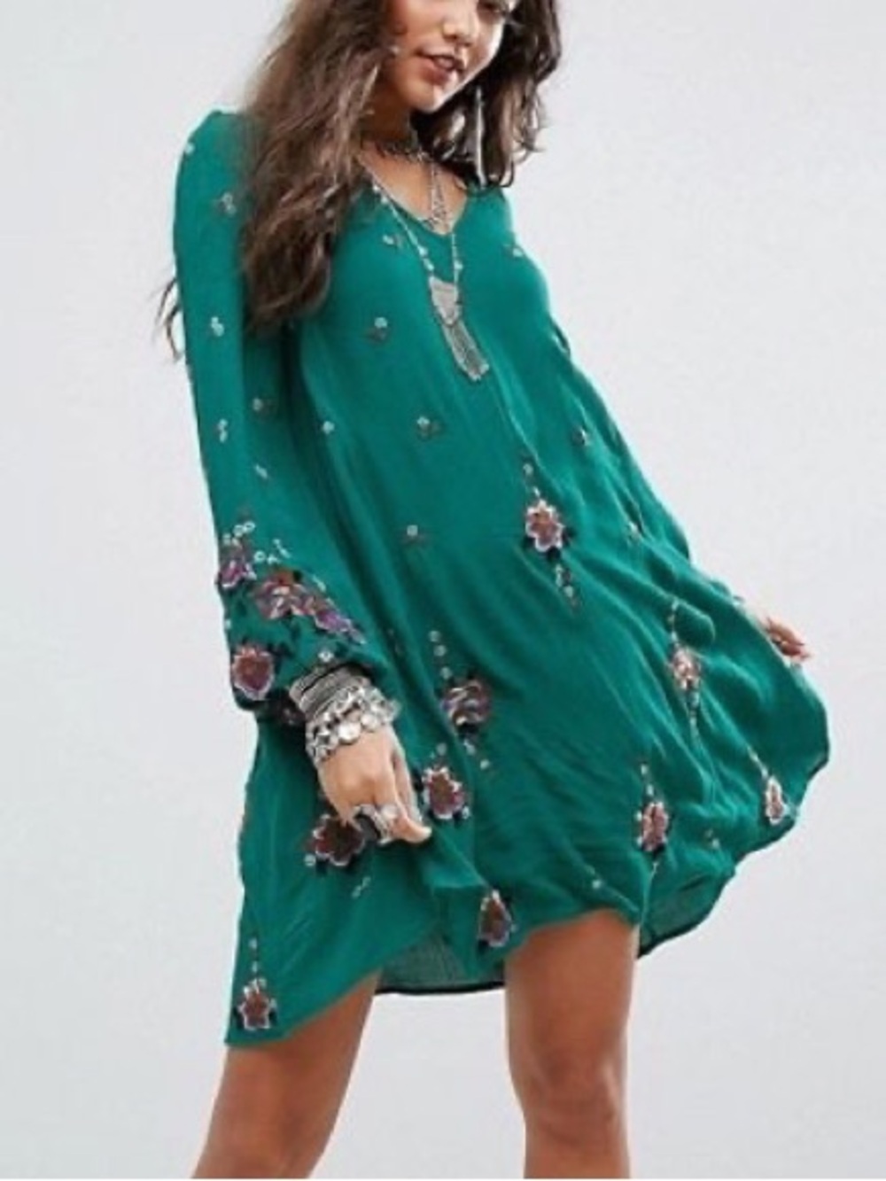 Free People Oxford Embroidered Mini Dress Teal Green | S